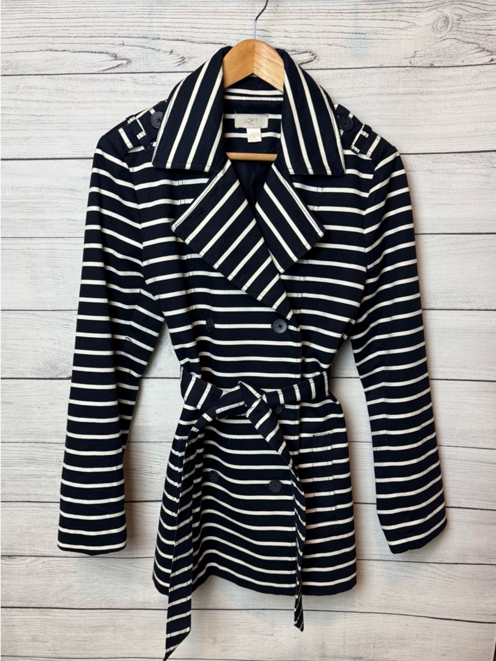 LOFT Navy & White Striped Short Trench Coat Pea Cost with Tie Belt Small